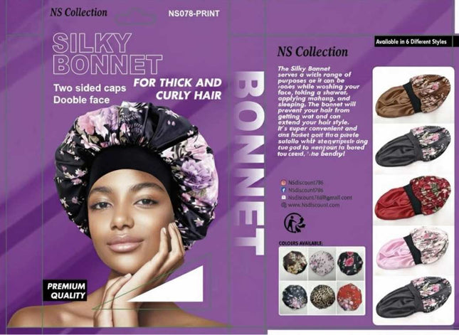 Bonnet en satin double face imprimé floral pour cheveux épais NS collection